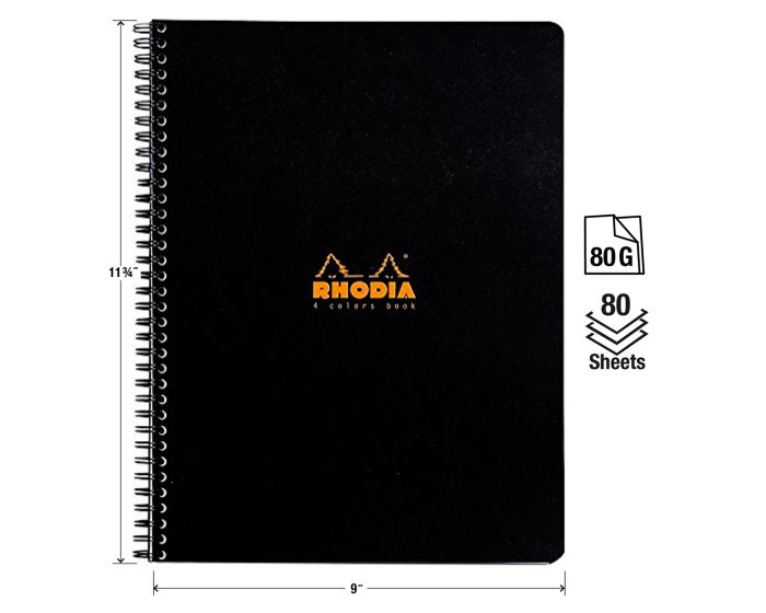 Rhodia - Wirebound Notebook - 4 Color Book - Black Cover - Lined with Margin - 9 x 11 3/4"