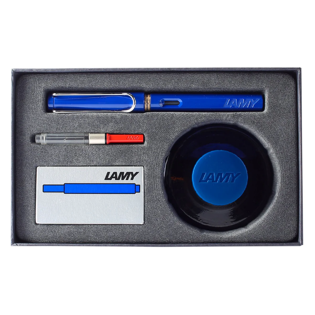 LAMY Safari Blue Fountain pen Gift Set with Ink bottle-Medium and Fine nib